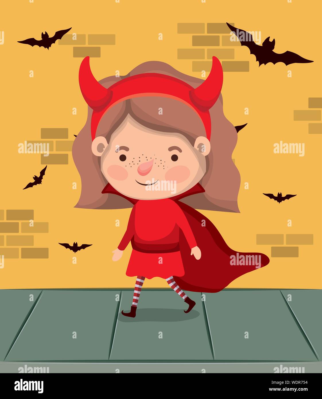 little girl with devil costume and bats flying in wall Stock Vector