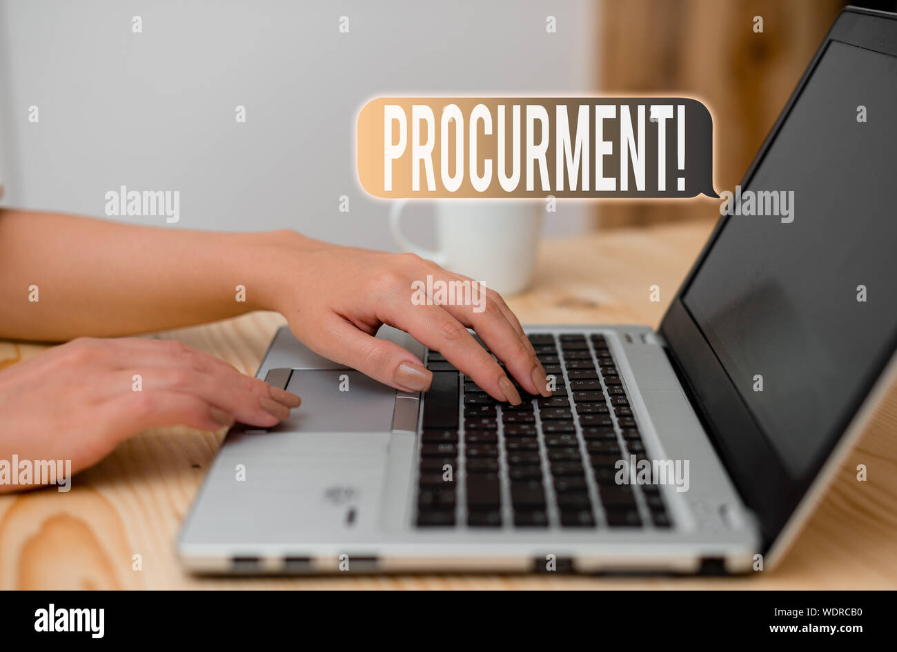 Word writing text Procurment. Business photo showcasing action of acquiring military equipment and supplies woman laptop computer smartphone mug offic Stock Photo