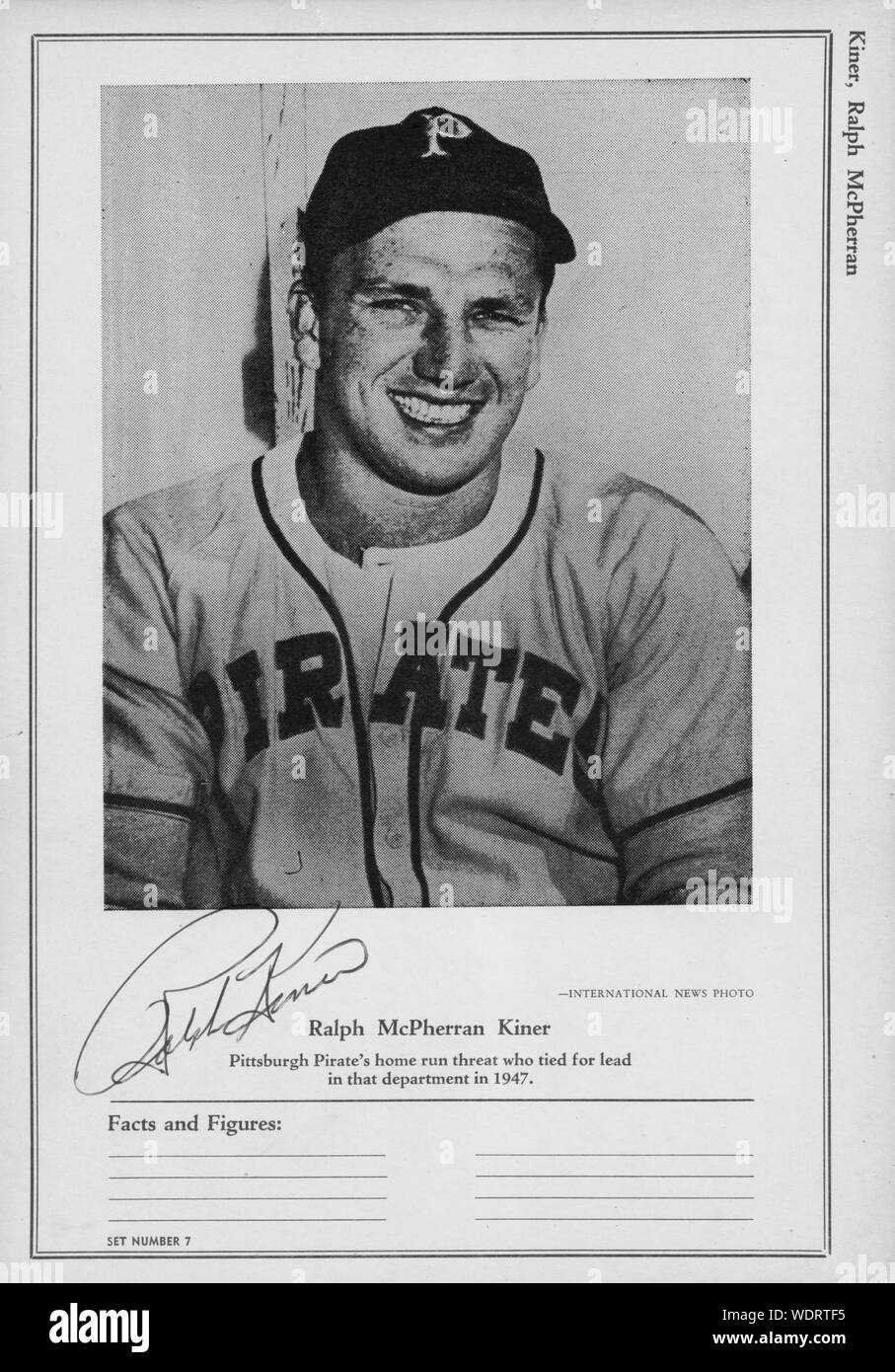 Autographed photo of Hall of Fame baseball player Ralph Kiner with the Pittsburgh Pirates. Stock Photo