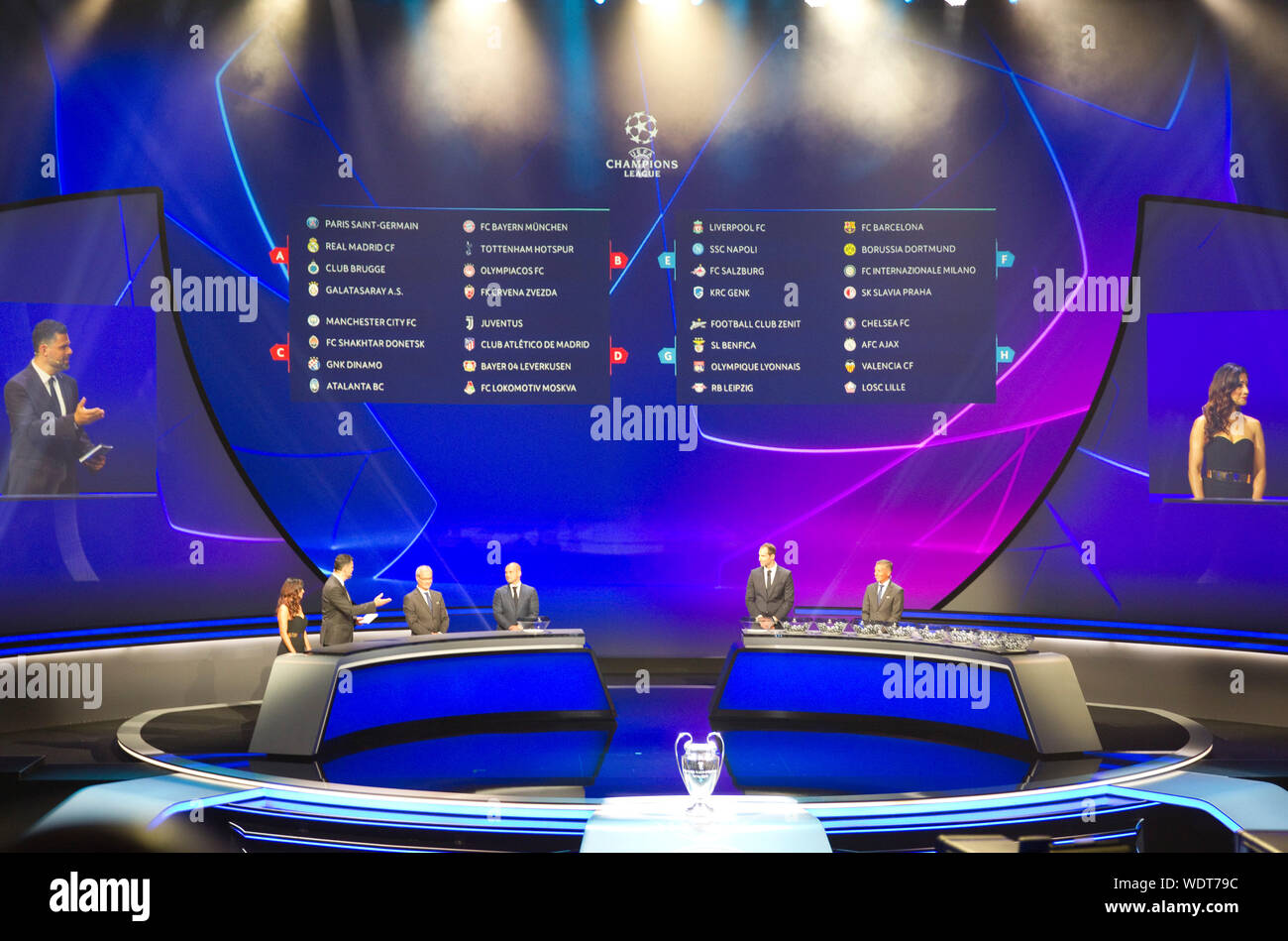 Monaco, Monaco. 29th Aug, 2019. Monaco, Monte Carlo - August 29, 2019: UEFA Champions League Group Stage Draw and Player of the Year Awards, Season Kick Off 2019-2020 Atmosphere with Trophy | usage worldwide Credit: dpa/Alamy Live News Stock Photo
