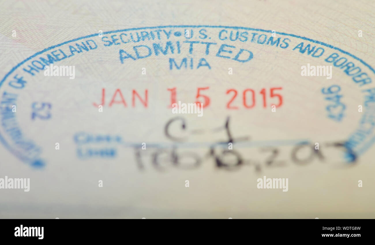 Close up of Usa miami security stamp in passport Stock Photo