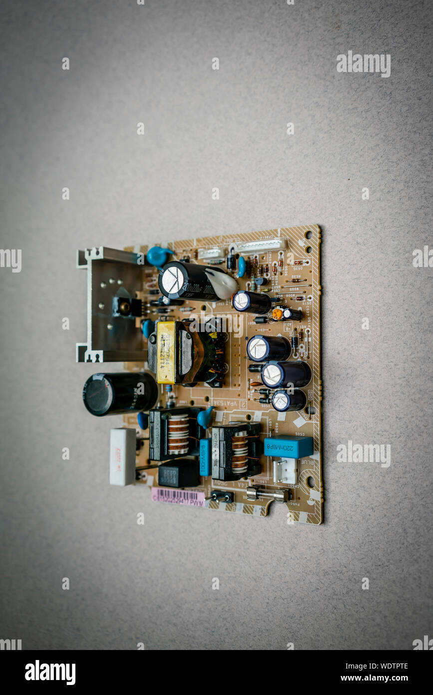 layout of an electronic circuit board. precise function unknown, but they come from a television set. Stock Photo