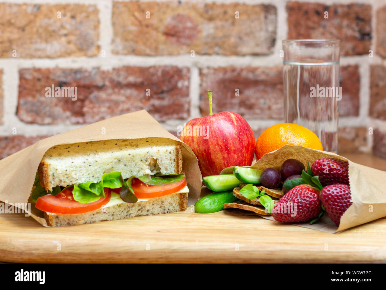 Healthy packed lunch using authentic real homemade sandwich and fresh