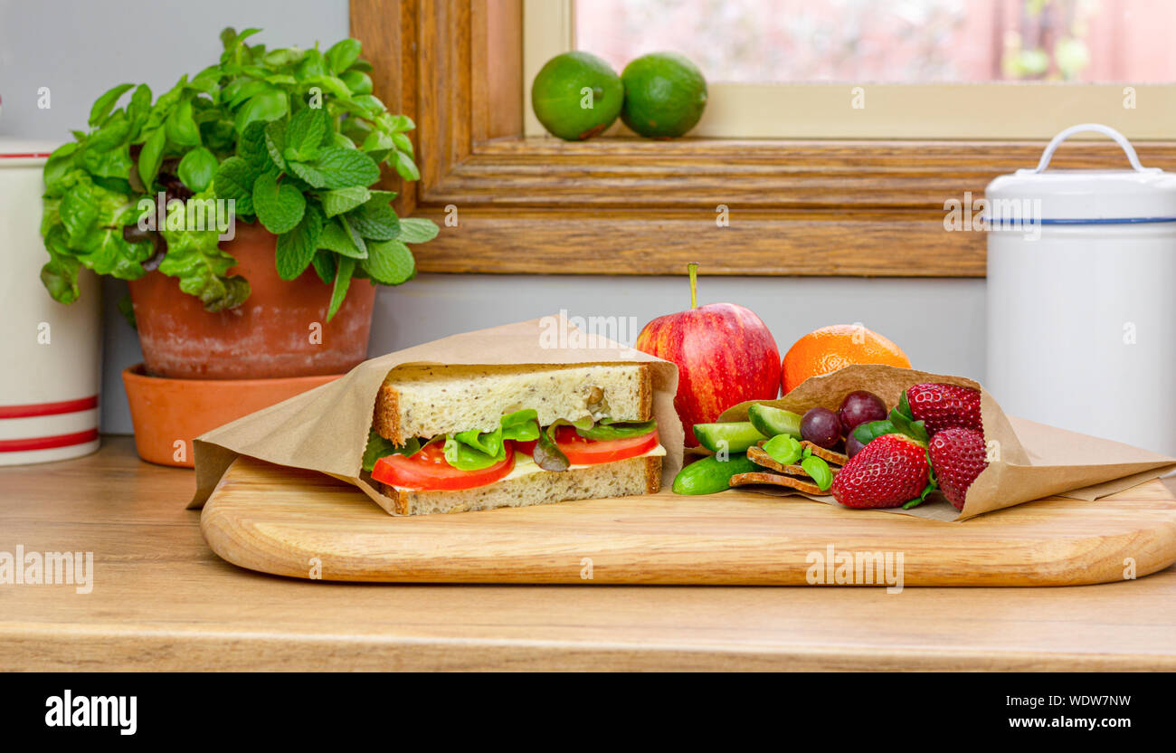 Healthy packed lunch using authentic real homemade sandwich and fresh