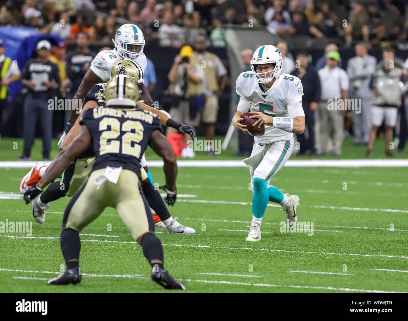 August 29, 2019: Miami Dolphins Head Coach Brian Flores walks the sideline  during a preseason game between the New Orleans Saints and the Miami  Dolphins at the Mercedes Benz Superdome in New