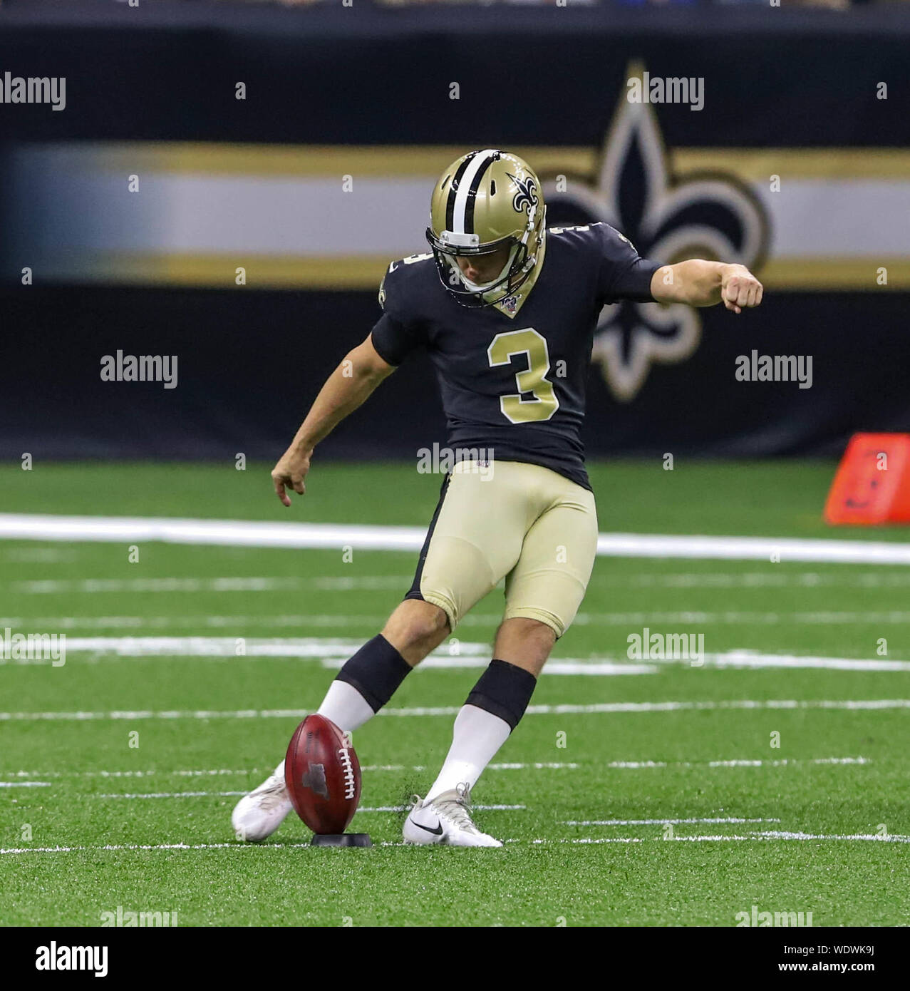 August 29, 2019: New Orleans Saints kicker Will Lutz (3) drives a kickoff  during a preseason game between the New Orleans Saints and the Miami  Dolphins at the Mercedes Benz Superdome in