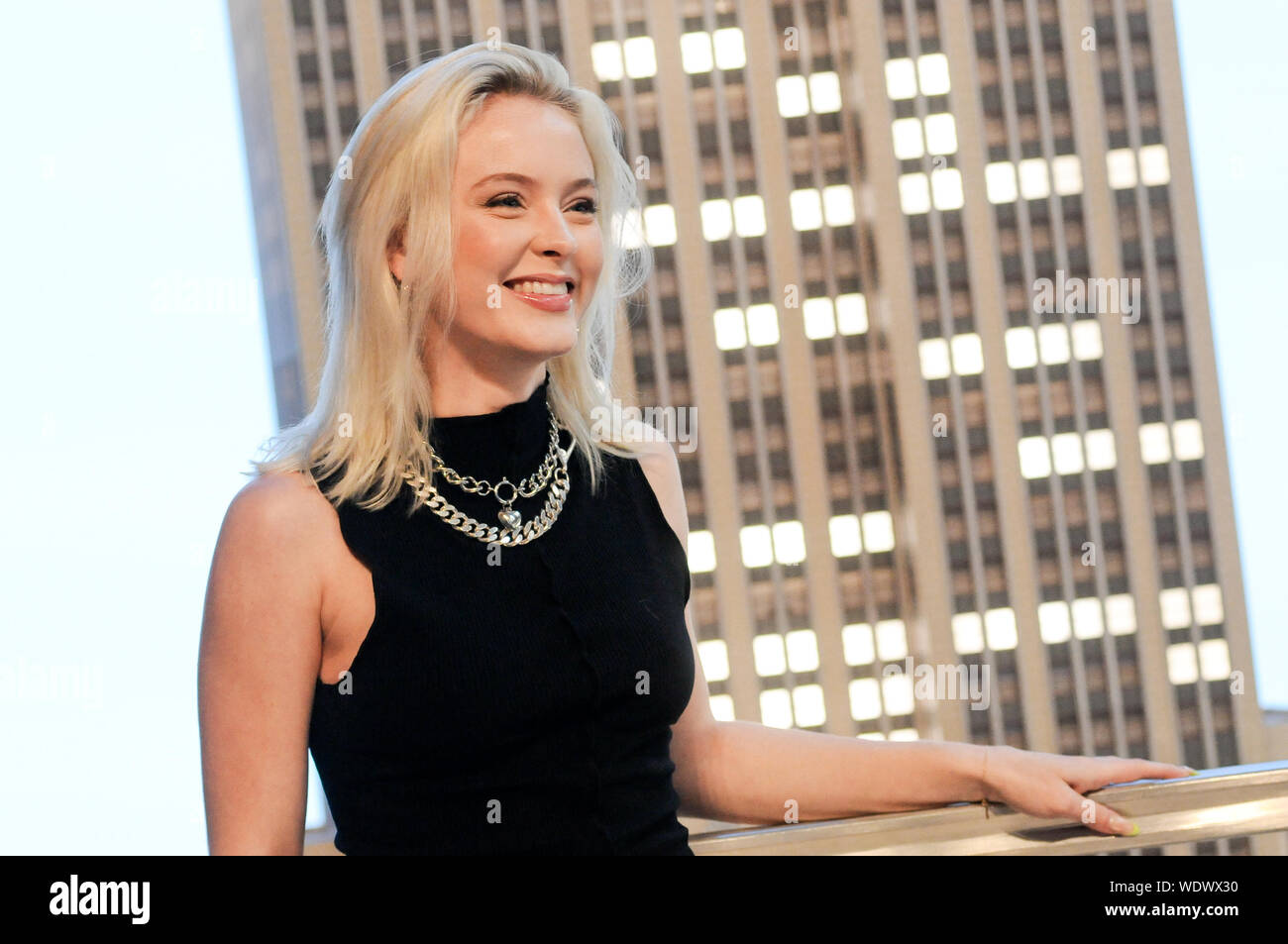 New York City, United States. 29th Aug, 2019. Recording artist Zara Larsson  visits the Empire State Building in New York City while in town to host the  MTV VMA Red Carpet. Credit: