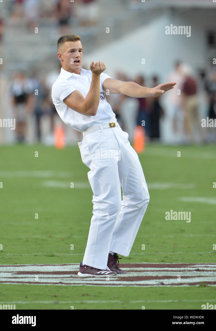 College Station, Texas, USA. 29th Aug, 2019. August 29, 2019: Texas A&M Aggies yell leaders performing on the field before the game between the Texas State University Bobcats and the Texas A&M University Aggies at Kyle Field Stadium in College Station, TX. Texas A&M Aggies leads the first half against Texas State Bobcats, 28-0. Patrick Green/CSM Credit: Cal Sport Media/Alamy Live News Stock Photo