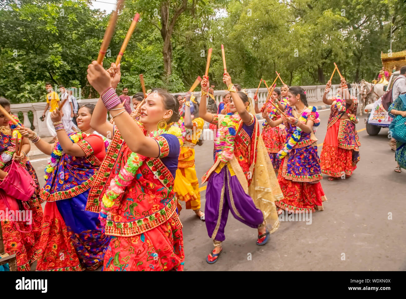 Rathayatra,Festival,on,street,Dandiya ,dance,performed,by,female dancers,Kolkata,India. Stock Photo