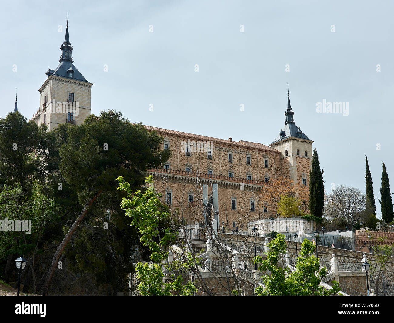 TOLEDO, SPAIN - APRIL 24, 2018: View of the Alcazar and the Monument to the Siege in Toledo. Stock Photo