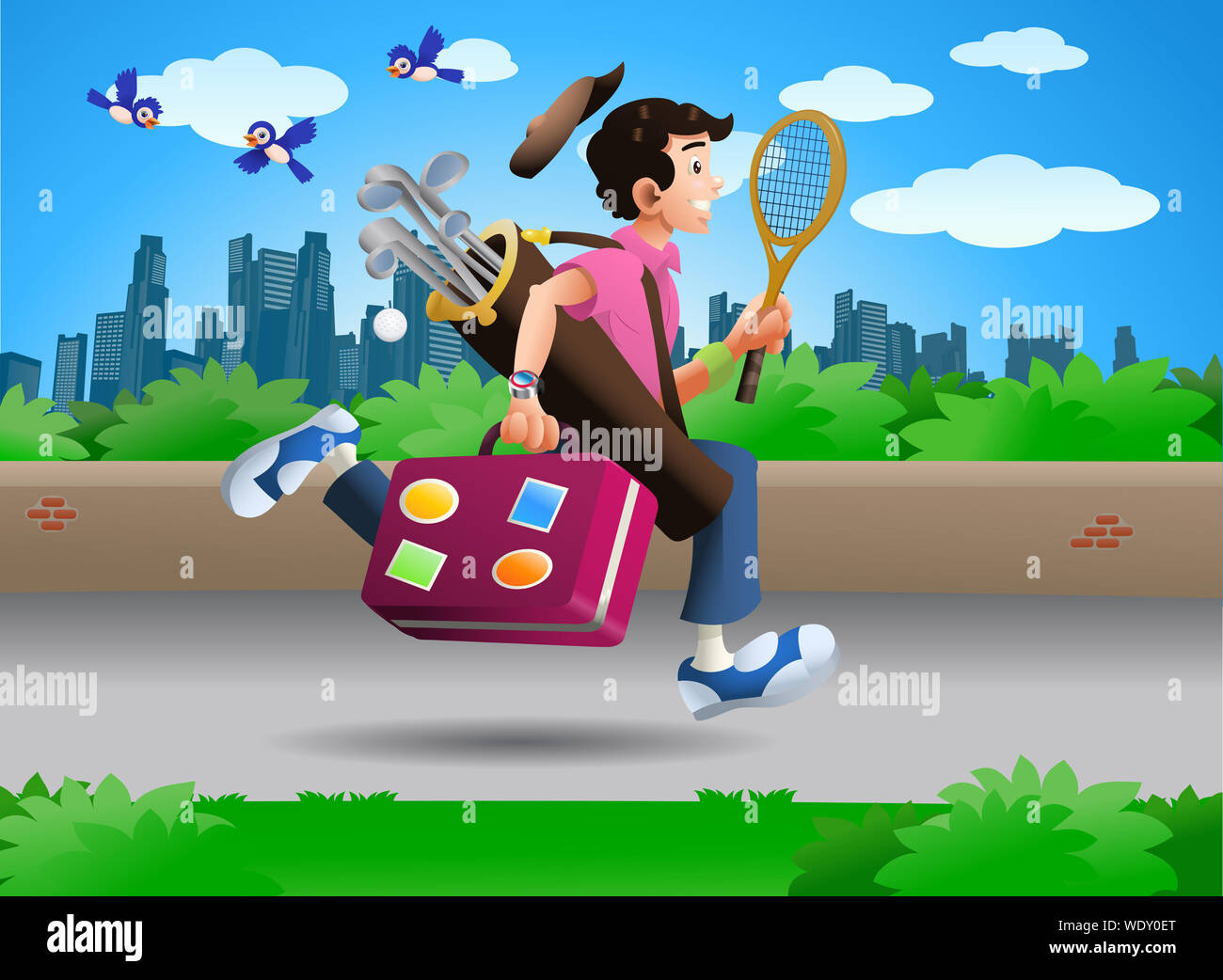 illustration of a man running while carry a travel bag on city