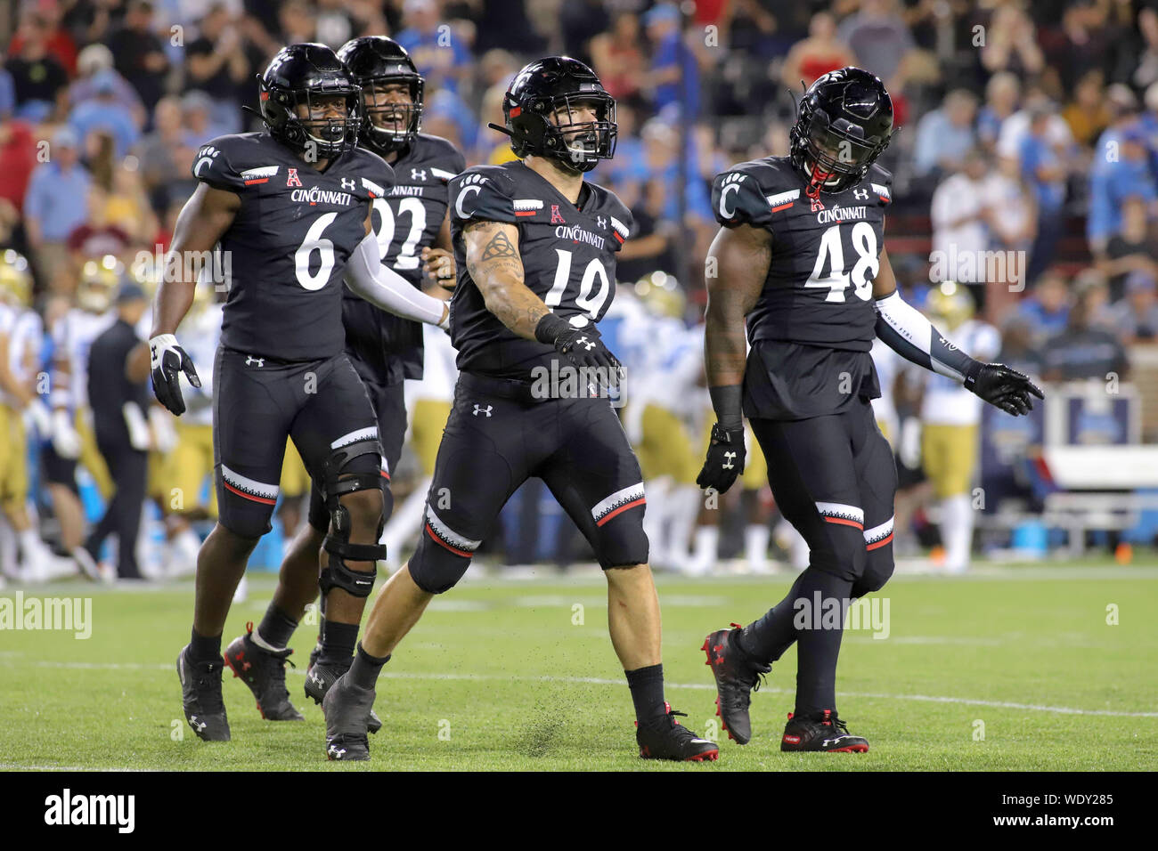 August 29, 2019: Cincinnati's Ethan Tucky (19) struts to celebrate his sack with teammates Perry Young (6) and Kevin Mouhon (48) during an NCAA football game between the Cincinnati Bearcats and the UCLA Bruins at Nippert Stadium in Cincinnati, Ohio. Kevin Schultz/CSM Stock Photo