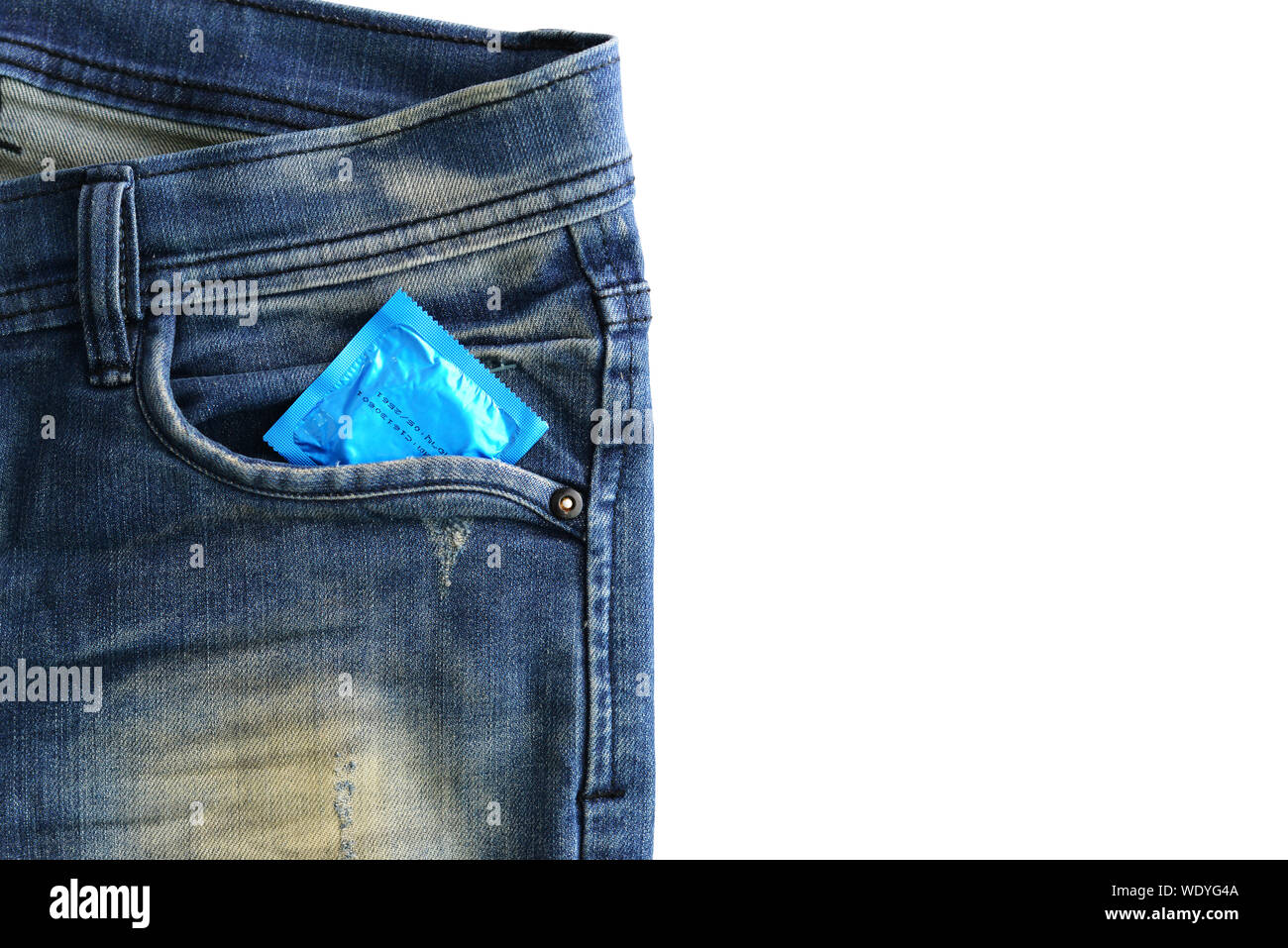 Close-up Of Condom In Jeans Pocket Over White Background Stock Photo - Alamy