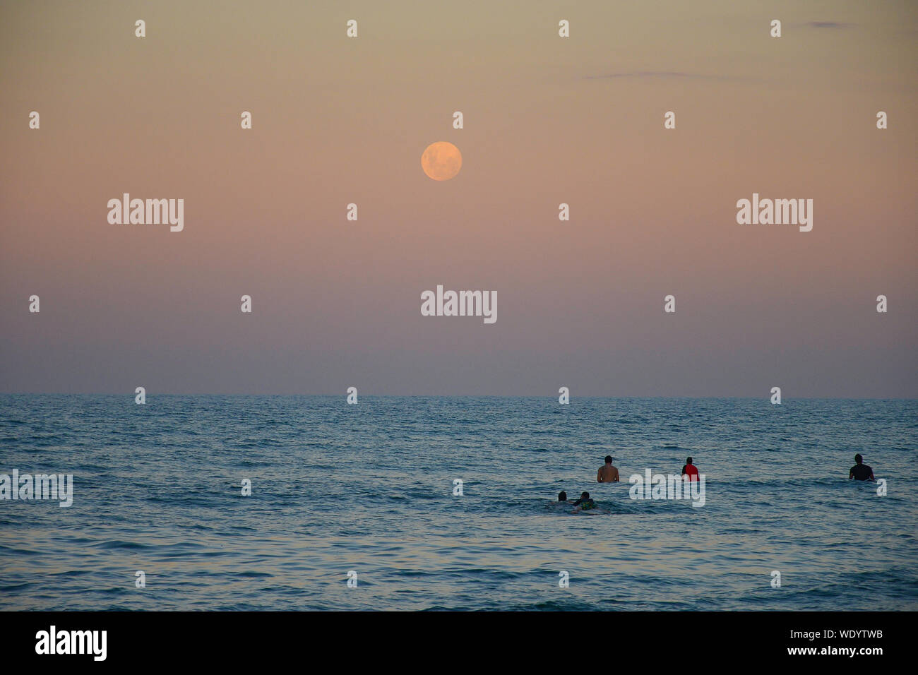 Surfers and a full moon in Burleigh Heads, Australia Stock Photo