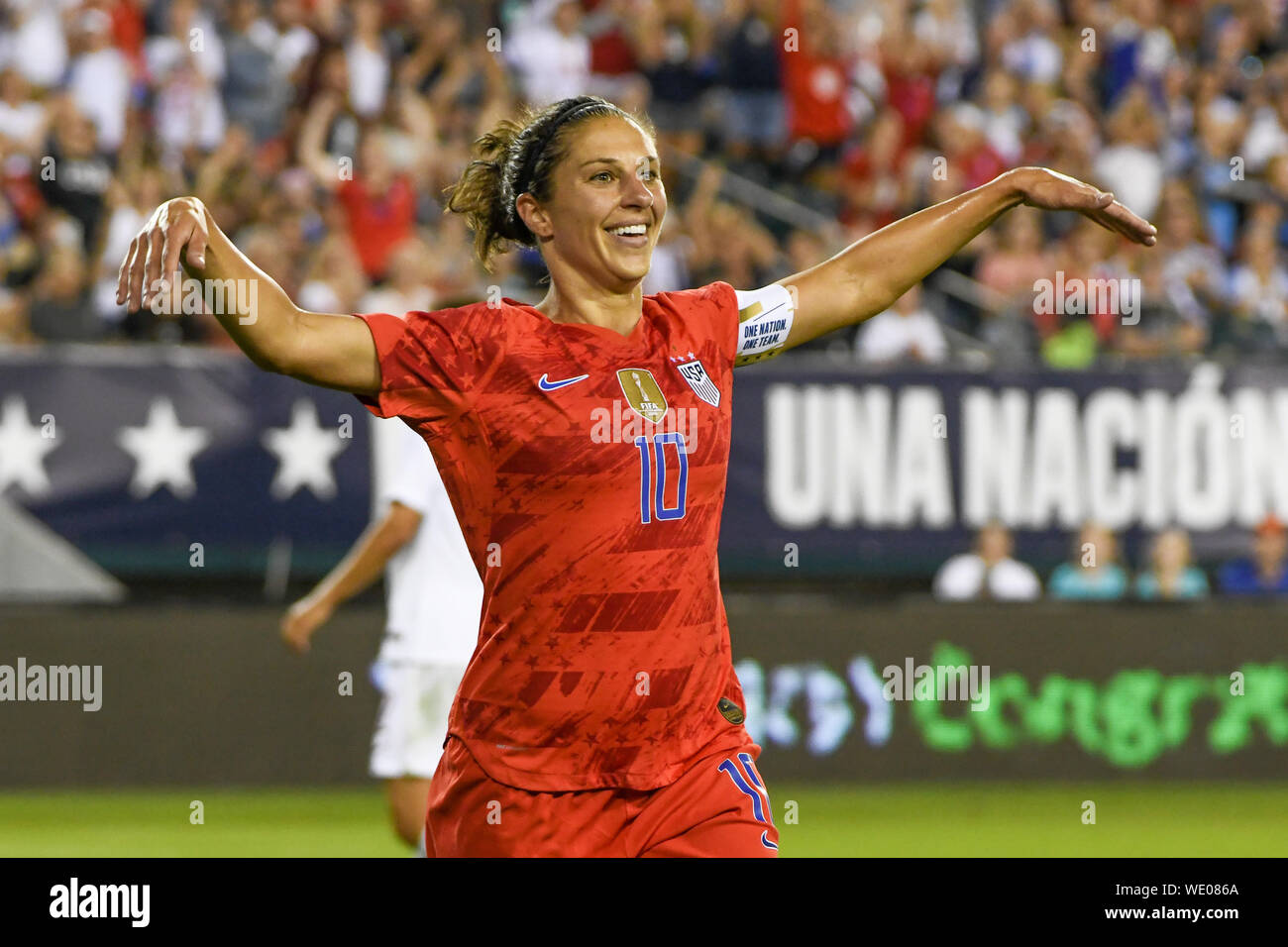 Philadelphia, United States. 29th Aug, 2019. Soccer 2019 - United States vs. Portugal | Carli Lloyd celebrates her goal as The United States Women's National Team defeated Portugal 4-0 during their World Cup victory tour. Credit: Don Mennig/Alamy Live News Stock Photo