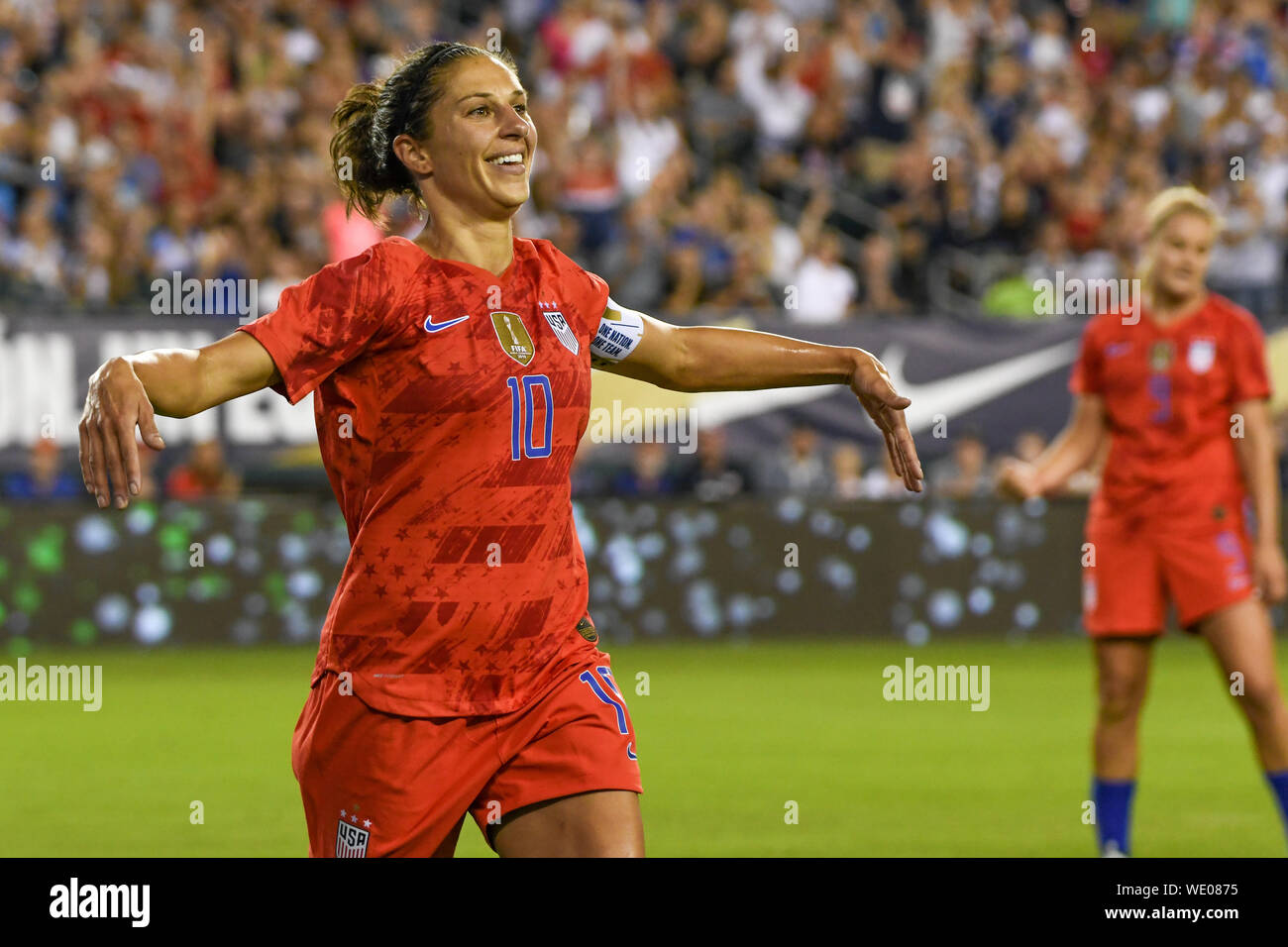Philadelphia, United States. 29th Aug, 2019. Philadelphia, PA - Carli Lloyd celebrates her goal during the second half of the United States Women's National Team soccer match against Portugal. The USWNT won 4-0 during their World Cup victory tour. Credit: Don Mennig/Alamy Live News Stock Photo