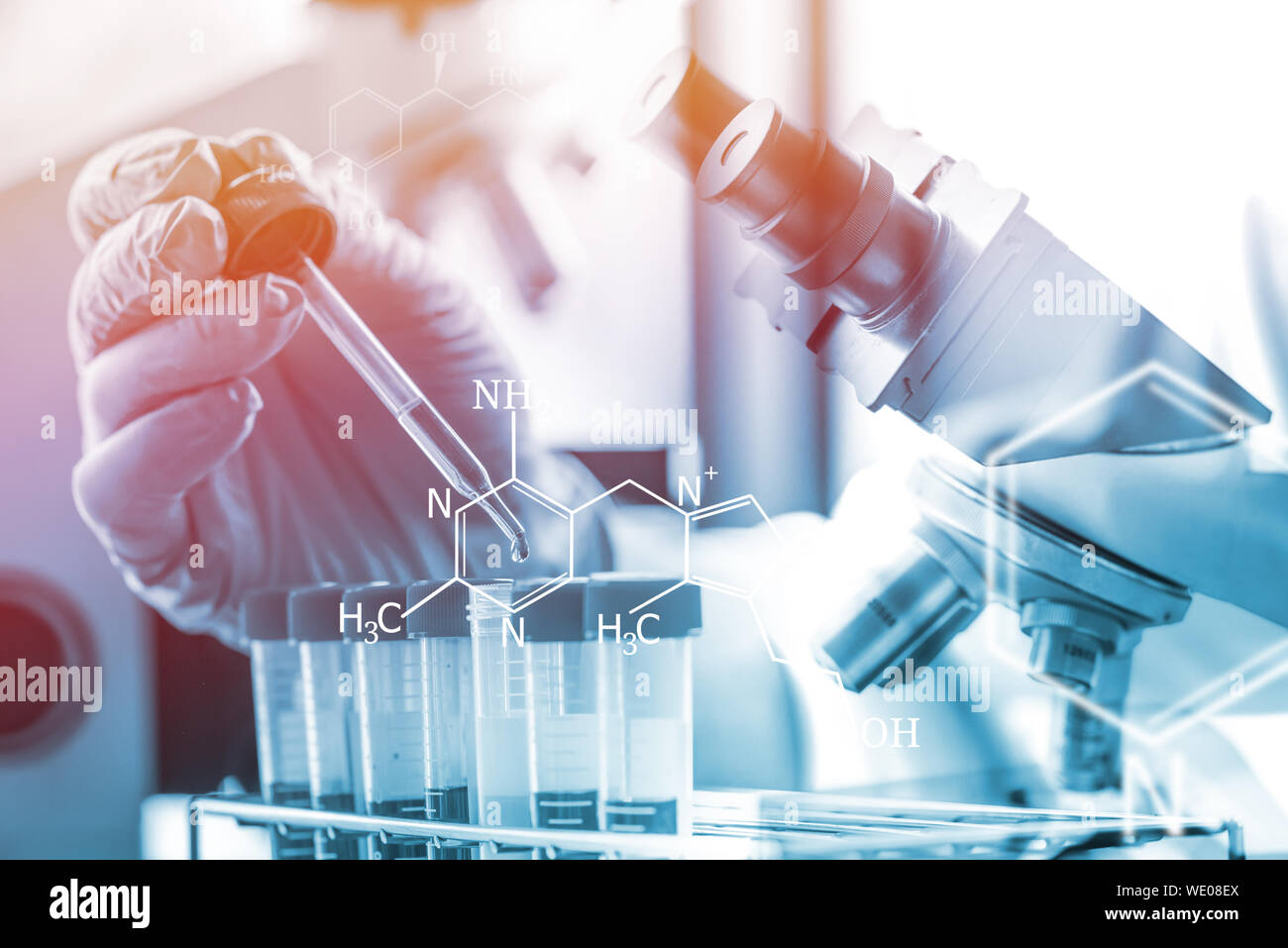 Digital Composite Image Of Scientist Experimenting In Laboratory And Icons Stock Photo