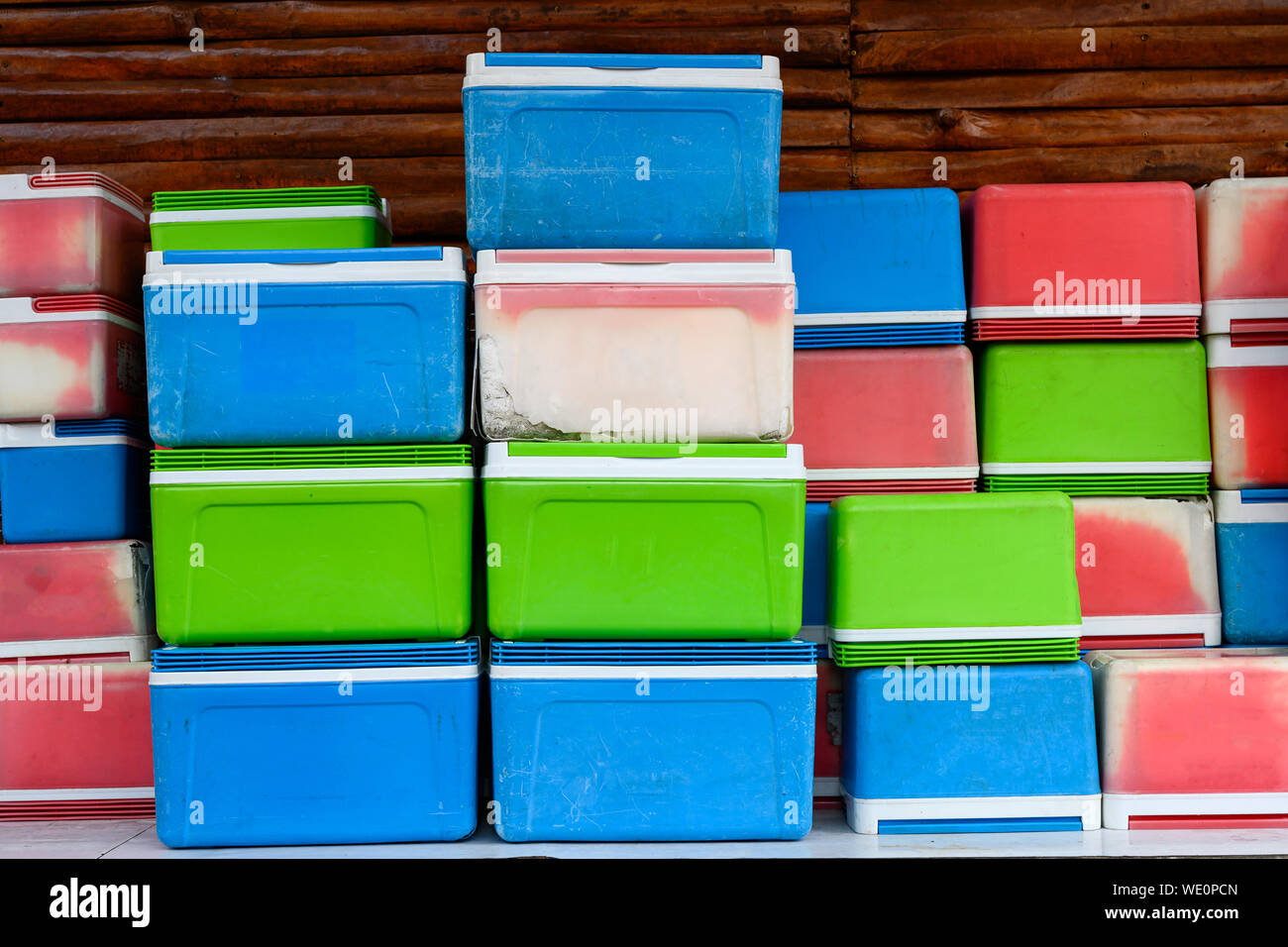 Colorful refrigerate ice container box stacked Stock Photo