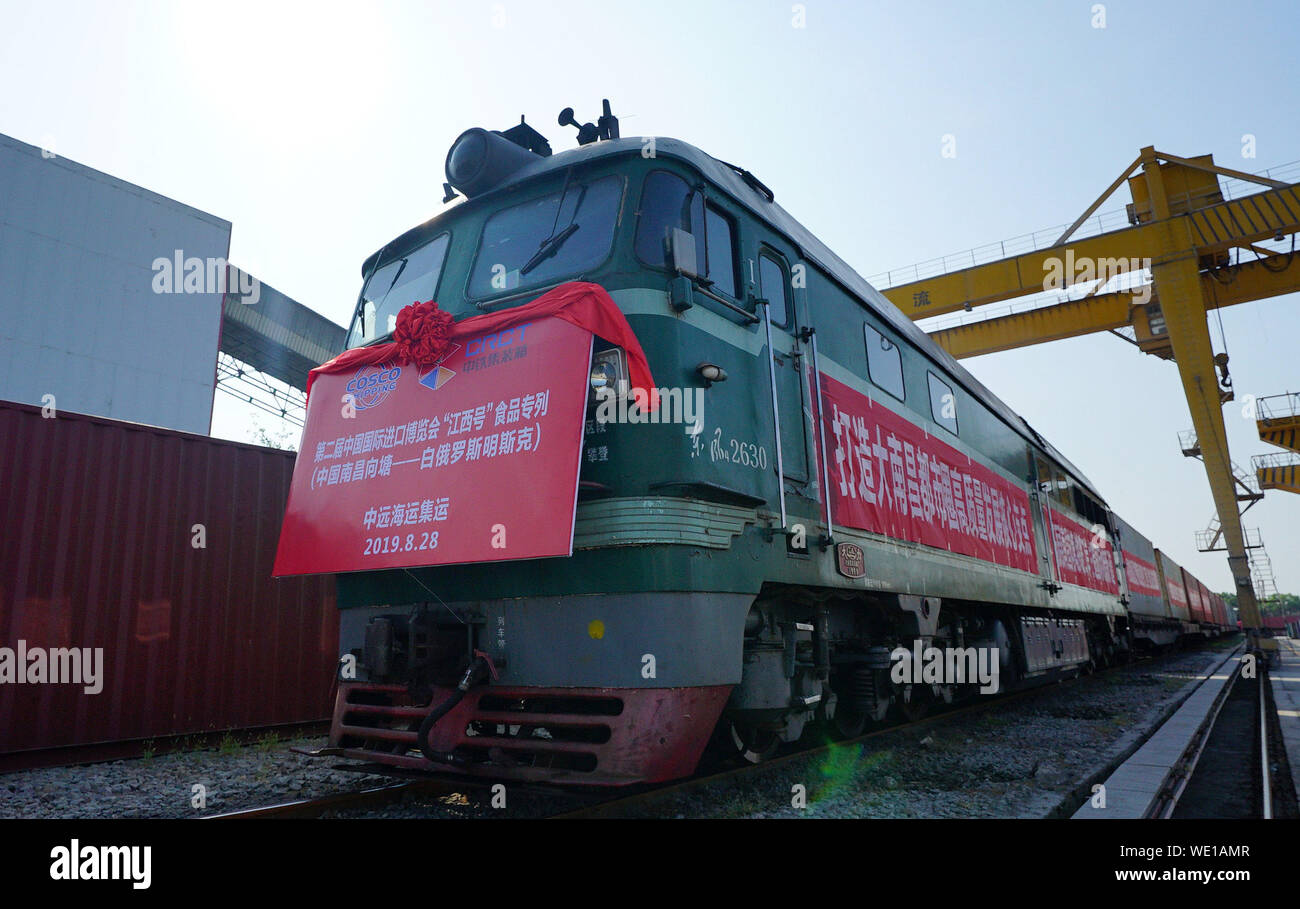 Nanchang, China's Jiangxi Province. 28th Aug, 2019. A freight train heading  to Belarusian capital Minsk departs from a railway port in Nanchang, east  China's Jiangxi Province, Aug. 28, 2019. A railway line