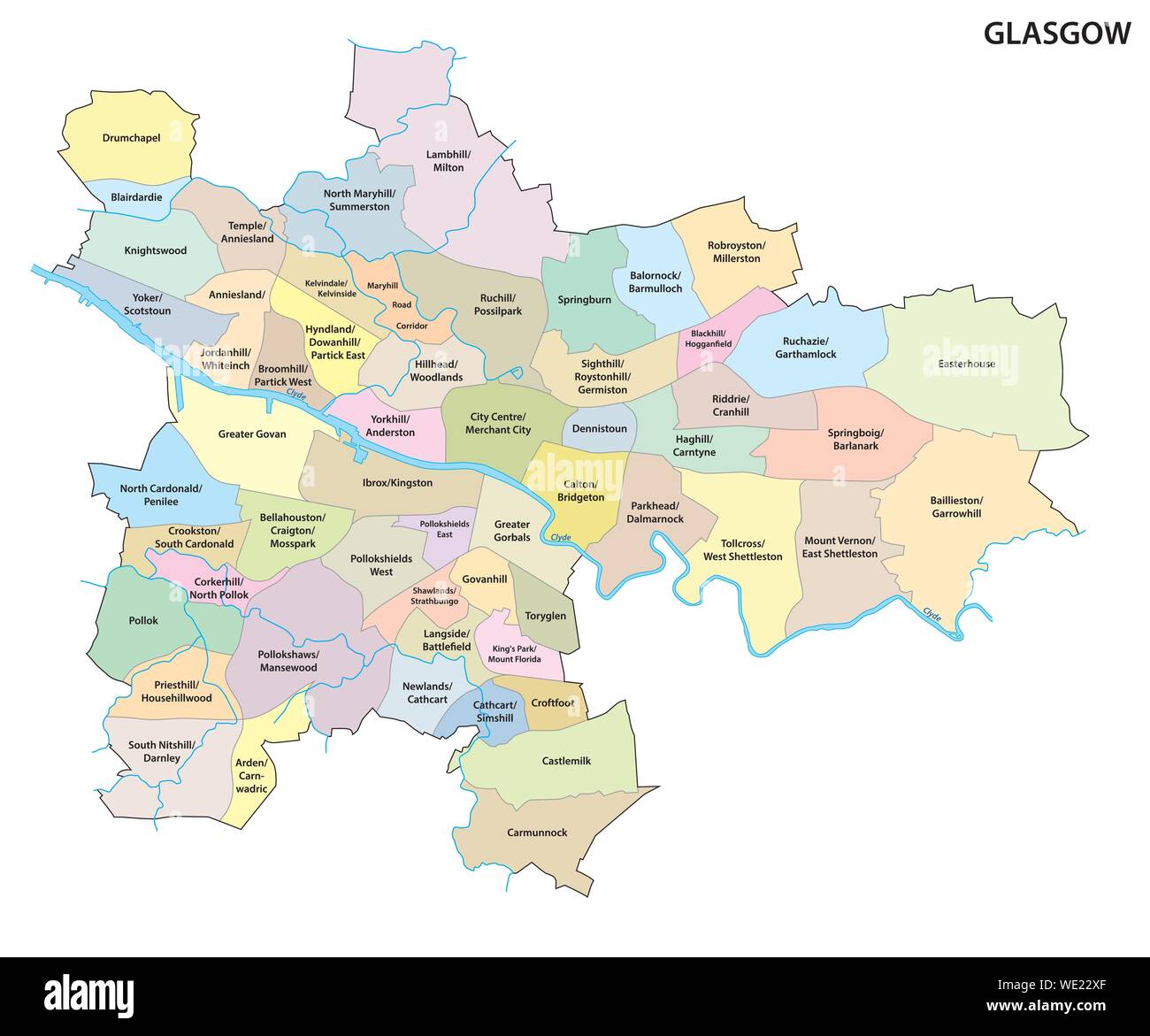 Map of the Scottish city of Glasgow with all neighborhoods of the city Stock Vector