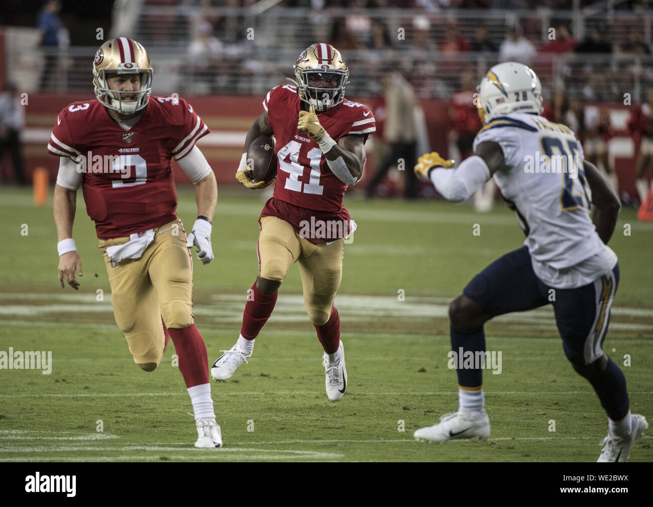 San Francisco 49ers running back Jeff Wilson Jr. (41) runs past Los Angeles  Chargers on a 41 yard touchdown run in the first quarter at Levi's Stadiium  in Santa Clara, California on