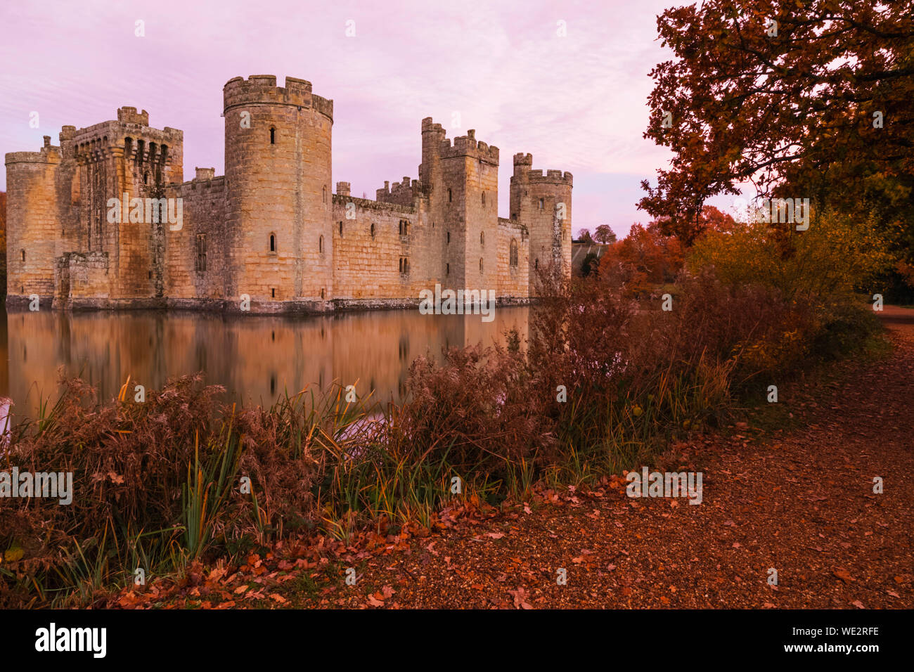 England, East Sussex, Robertsbridge, Bodiam Castle and Castle Moat Stock Photo