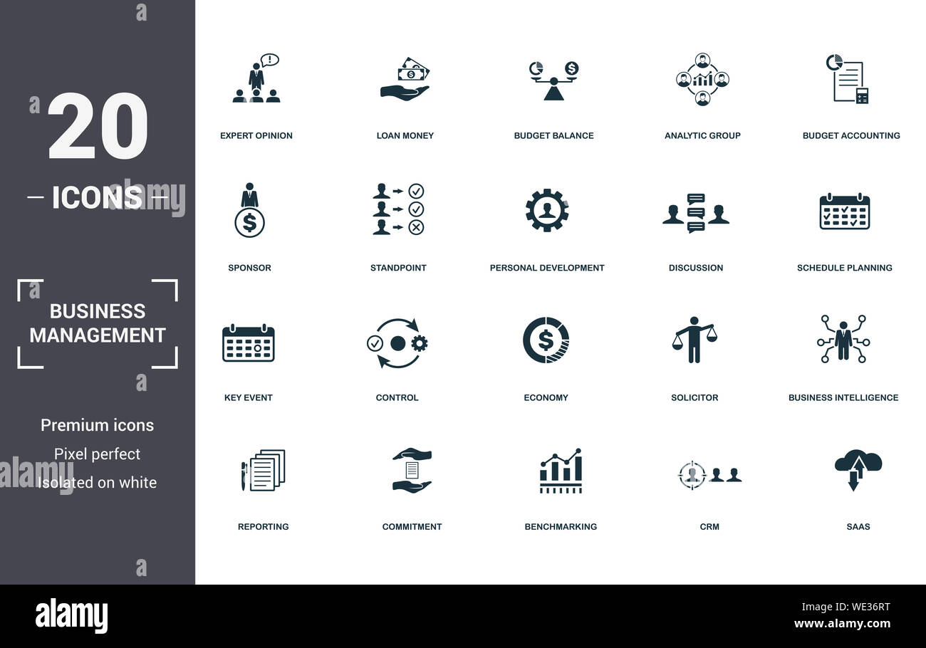 Business Management set icons collection. Includes simple elements such as Expert Opinion, Loan Money, Budget Balance, Analytic Group, Budget Stock Photo
