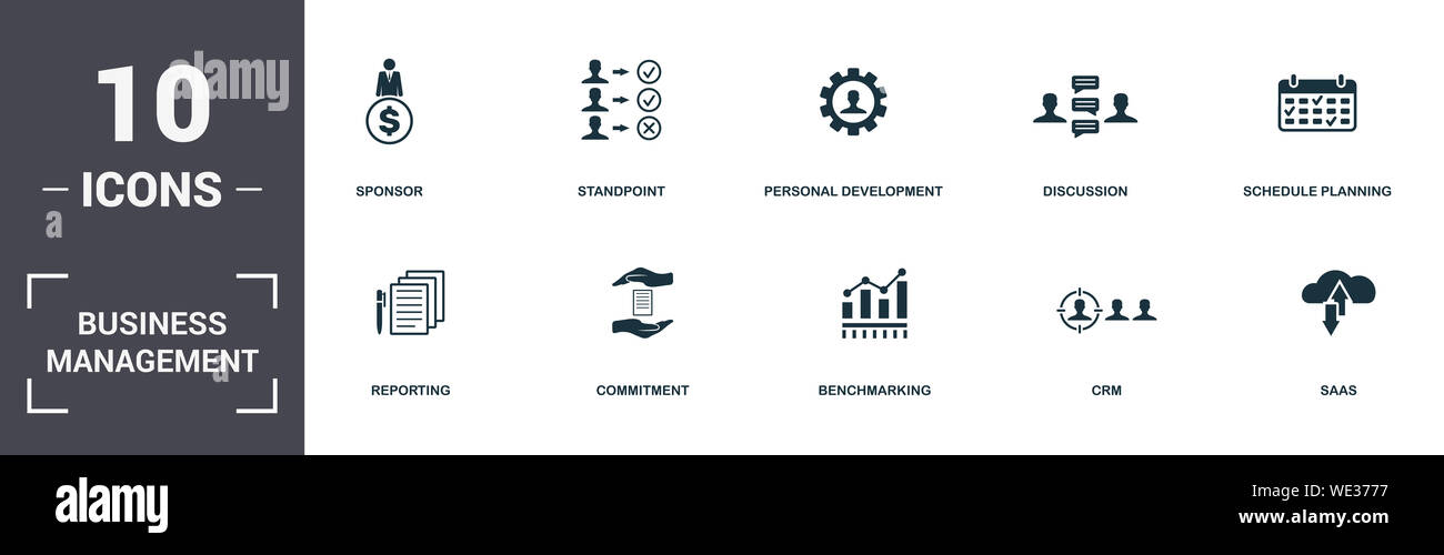 Business Management set icons collection. Includes simple elements such as Sponsor, Standpoint, Personal Development, Discussion, Schedule Planning Stock Photo