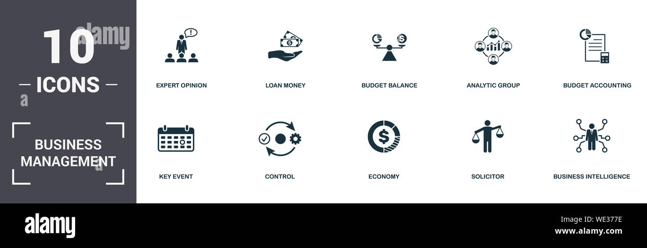 Business Management set icons collection. Includes simple elements such as Expert Opinion, Loan Money, Budget Balance, Analytic Group, Budget Stock Photo