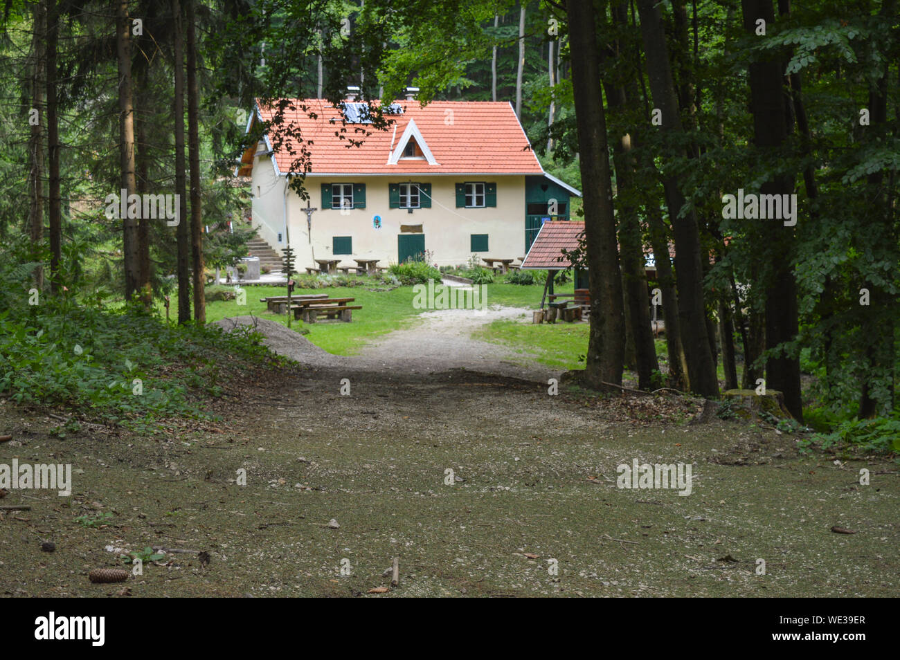 Mountain hut St. Bernard in deep forest, Samoborsko gorje, Croatia Stock Photo