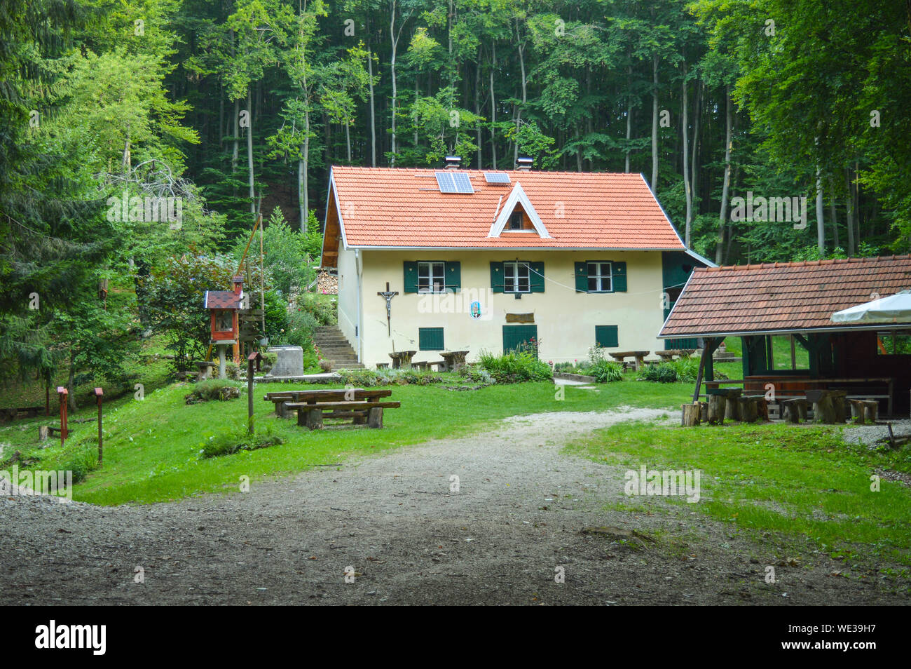 Mountain hut St. Bernard in deep forest, Samoborsko gorje, Croatia Stock Photo