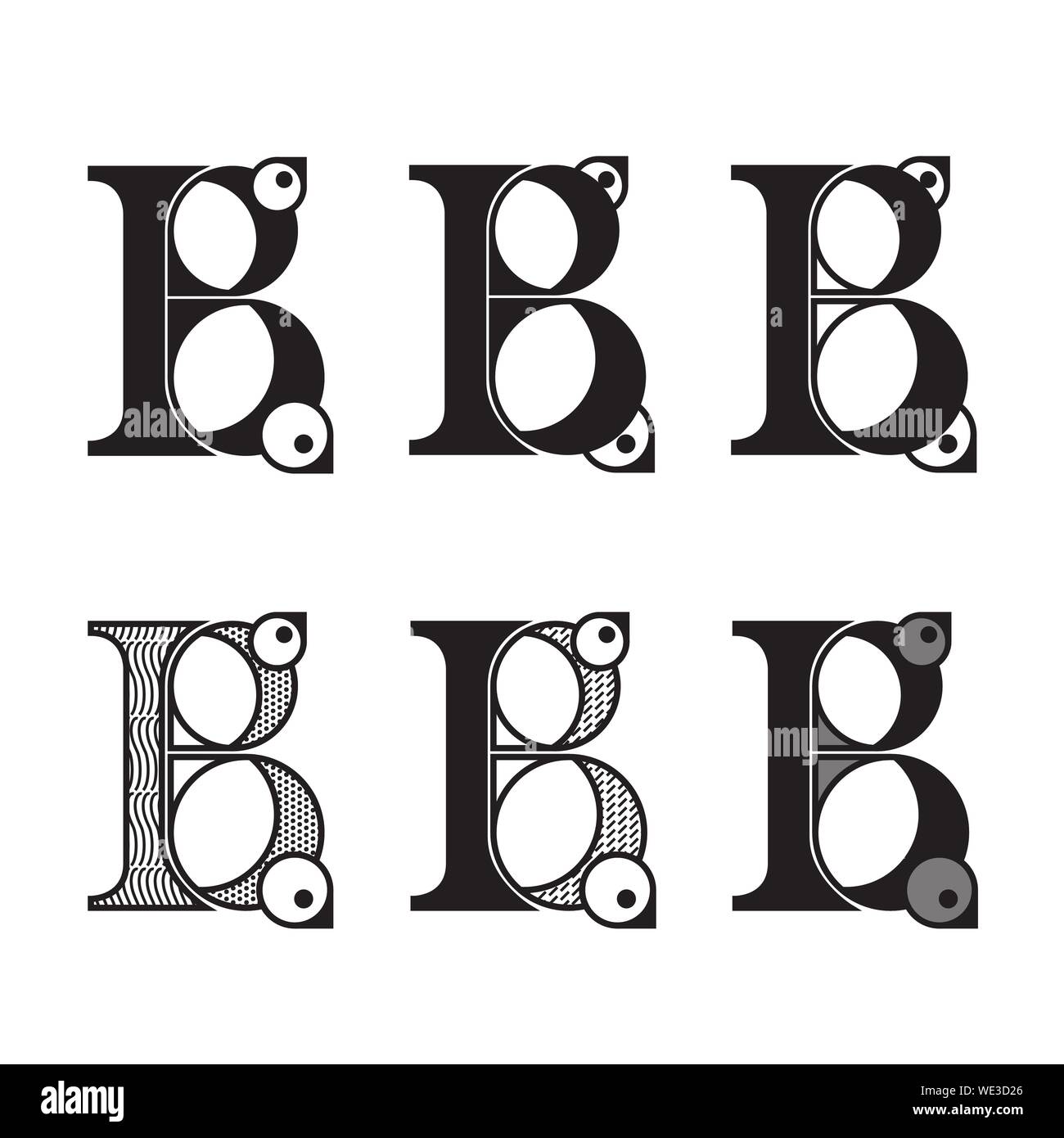 Set of six stylized letters B with birds. Lettering for use in design. Vector EPS10 Stock Vector