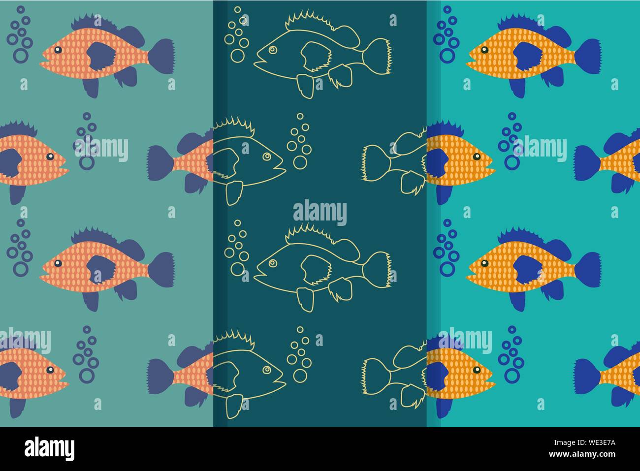 Set of three seamless patterns with floating fish in the sea in one style. Vector EPS10. Clipping mask applied Stock Vector