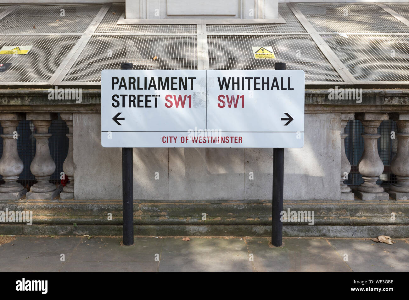 Parliament street and Whitehall street signs, Whitehall, London, England Stock Photo