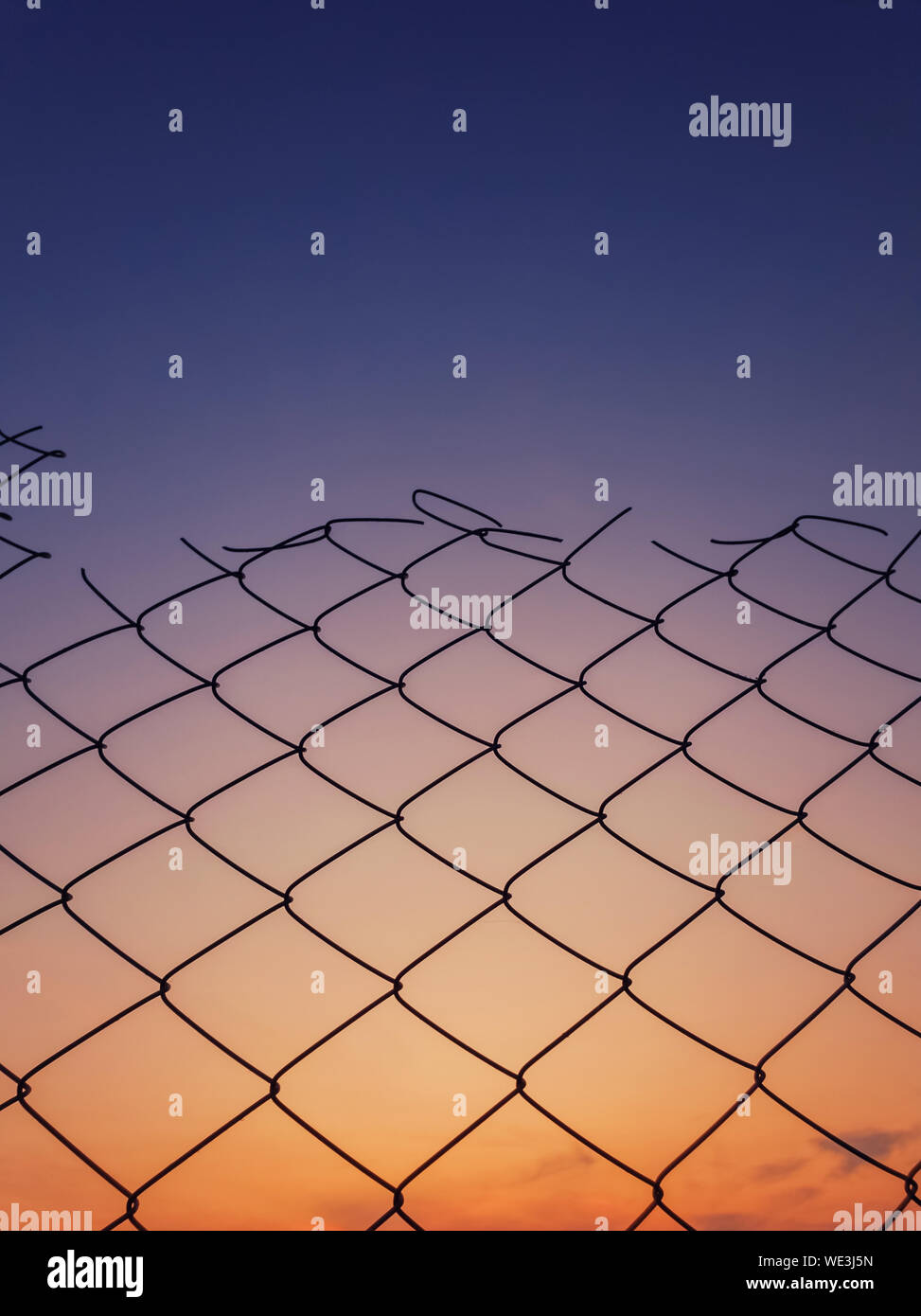 Old wire mesh fence texture against sunset sky background. Stock Photo