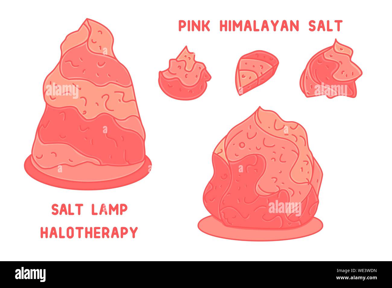 Himalayan salt stones illustrations set. Salt lamp and salt crystals. Alternative medicine logo or design of a relaxing room Stock Vector