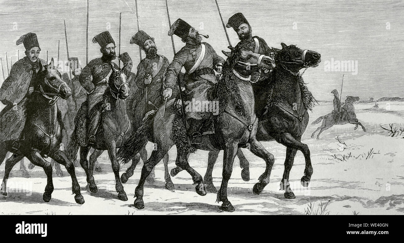 The Eastern Question. Serbian-Turkish Wars (1876-1878). Serbia declared war on the Ottoman Empire on June 30, 1876. Detachment of Russian Cossacks marching towards the Prut river line and Bessarabia region. The Cossacks were light cavalry troops of the Russian army. Engraving. La Ilustracion Española y Americana, December 15, 1876. Stock Photo