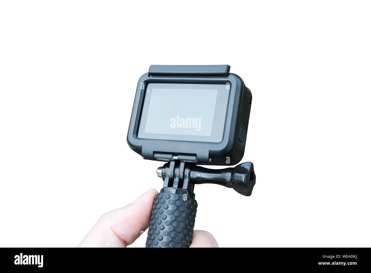 Isolated action camera on stick. Close-up. Blank screen for mockup. Stock Photo