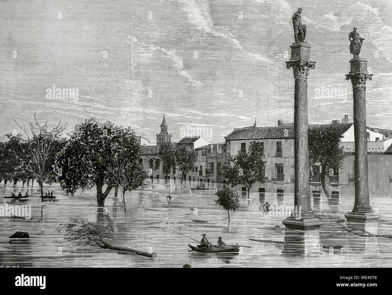 Spain, Andalusia, Seville. Floods in the city. Overflow of the Guadalquivir river. The Alameda de Hercules on the morning of December 9, 1876. Engraving by E. Alba La Ilustracion Española y Americana, December 22, 1876. Stock Photo