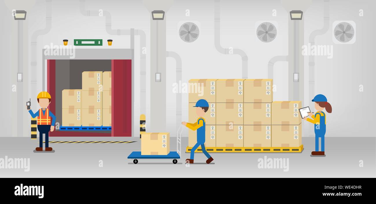 Warehouse in process with workers working flat design vector illustration Stock Vector