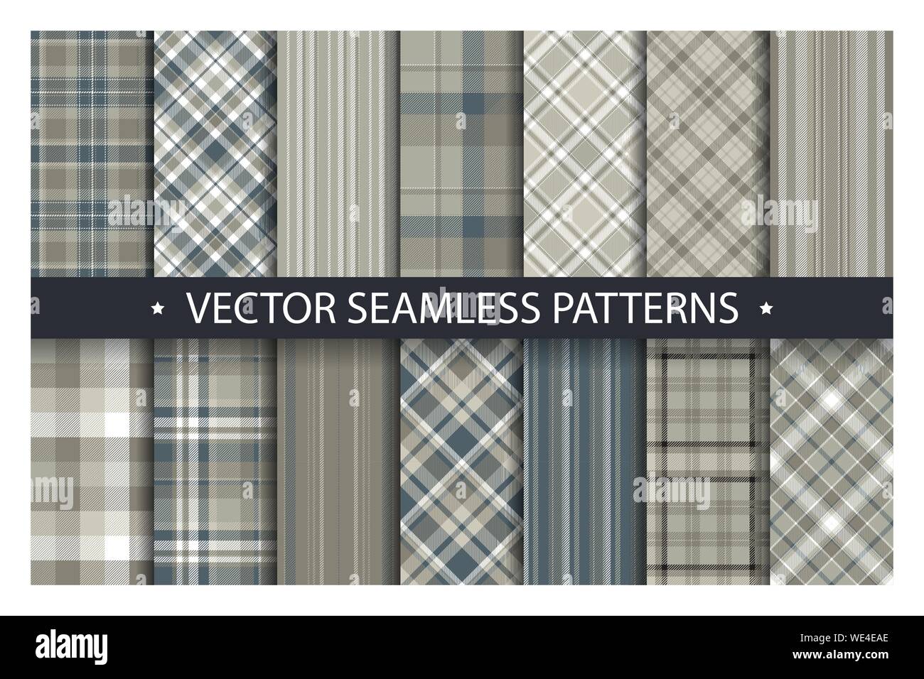 Set plaid pattern seamless. Tartan patterns fabric texture. Checkered geometric vector background. Scottish stripe blanket backdrop. Fashion cloth col Stock Vector