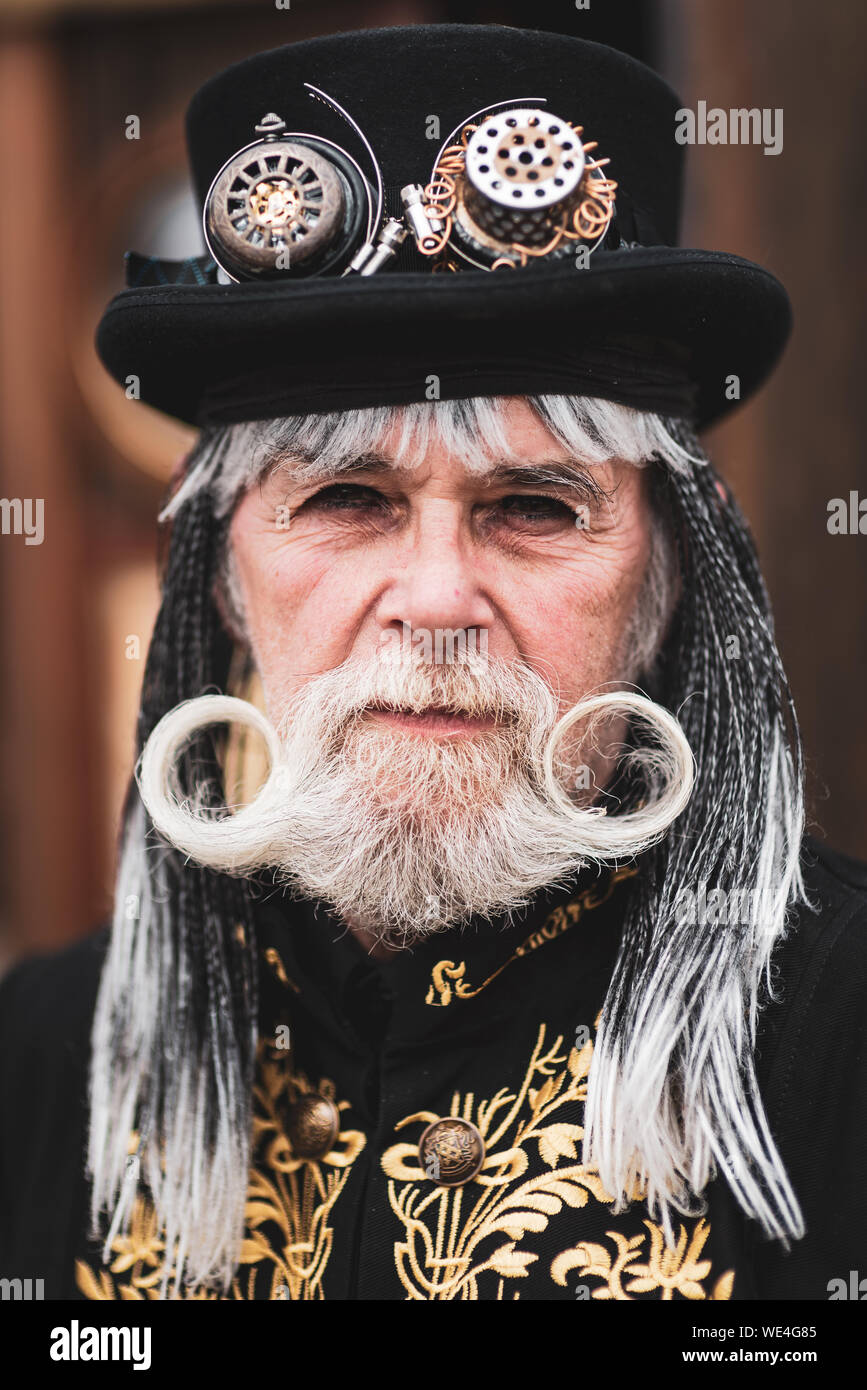 Blaenavon, Wales,  United Kingdom, July, 14, 2019. Blaenavon Ironworks  Steampunk Festival. People having fun and dressed in  steampunk outfits. Stock Photo