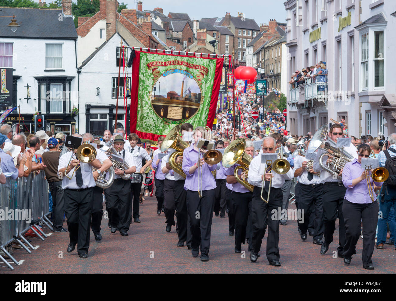 Brass band and Banners at Durham Miners Gala Stock Photo Alamy