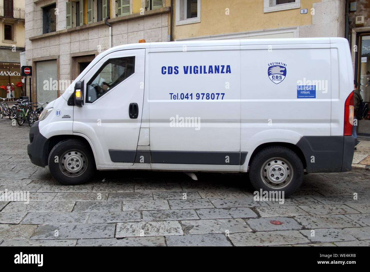 Verona, Italy - April 29, 2019: Italian CDS Vigilanza private security and patrol van passing by in the center of Verona. Stock Photo