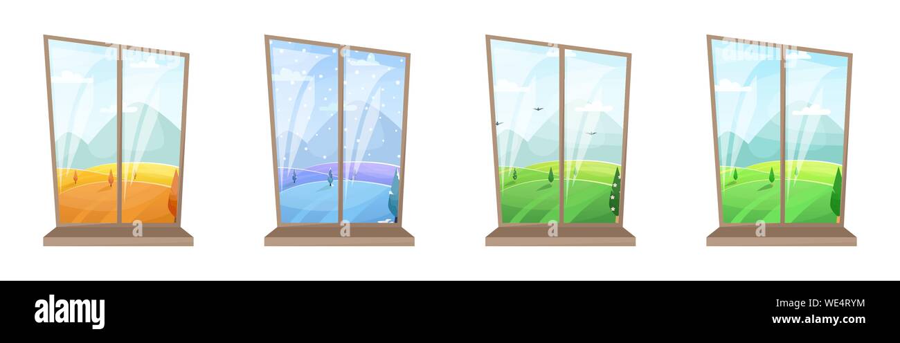 Set of 4 windows with different seasons. Cozy interiors. Summer, autumn, winter, spring. Flat vector illustration. Stock Vector