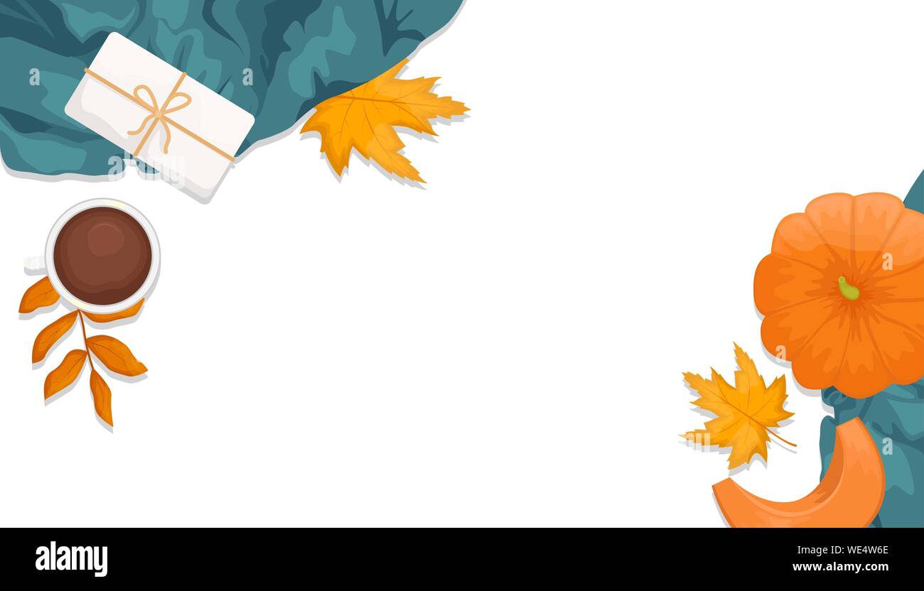 Autumn flat lay with the pumpkin, gift, wool scarf, coffee and autumn leaves. Flat vector illustration. Place for text Stock Vector