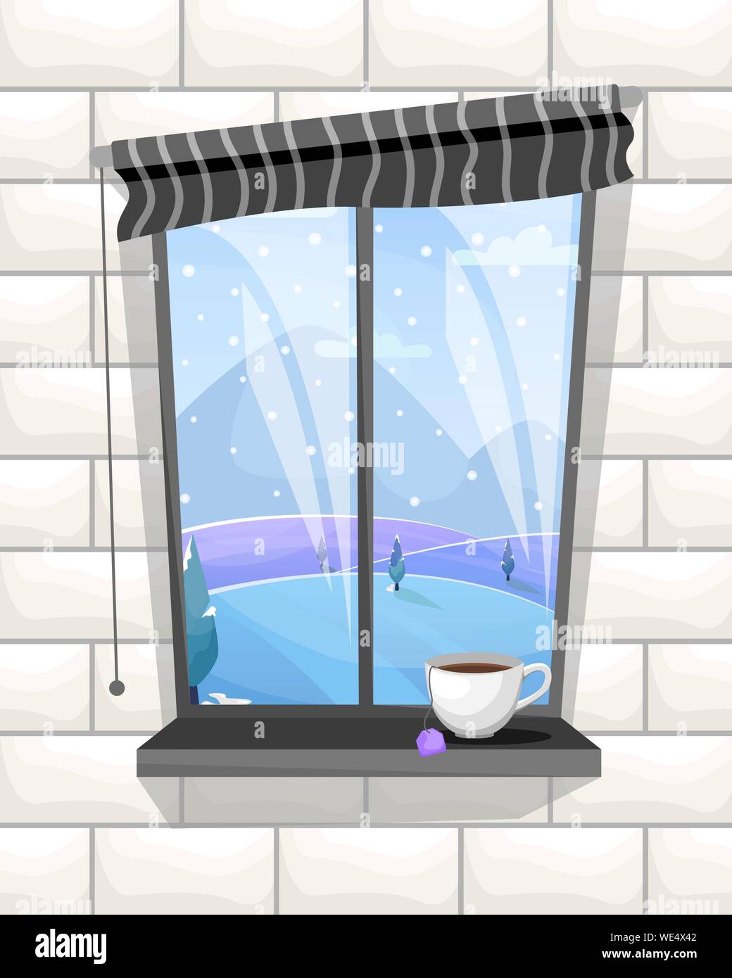 Window Or Tea Atmospheric winter window with a cup of hot tea. Cozy winter days. Flat ...
