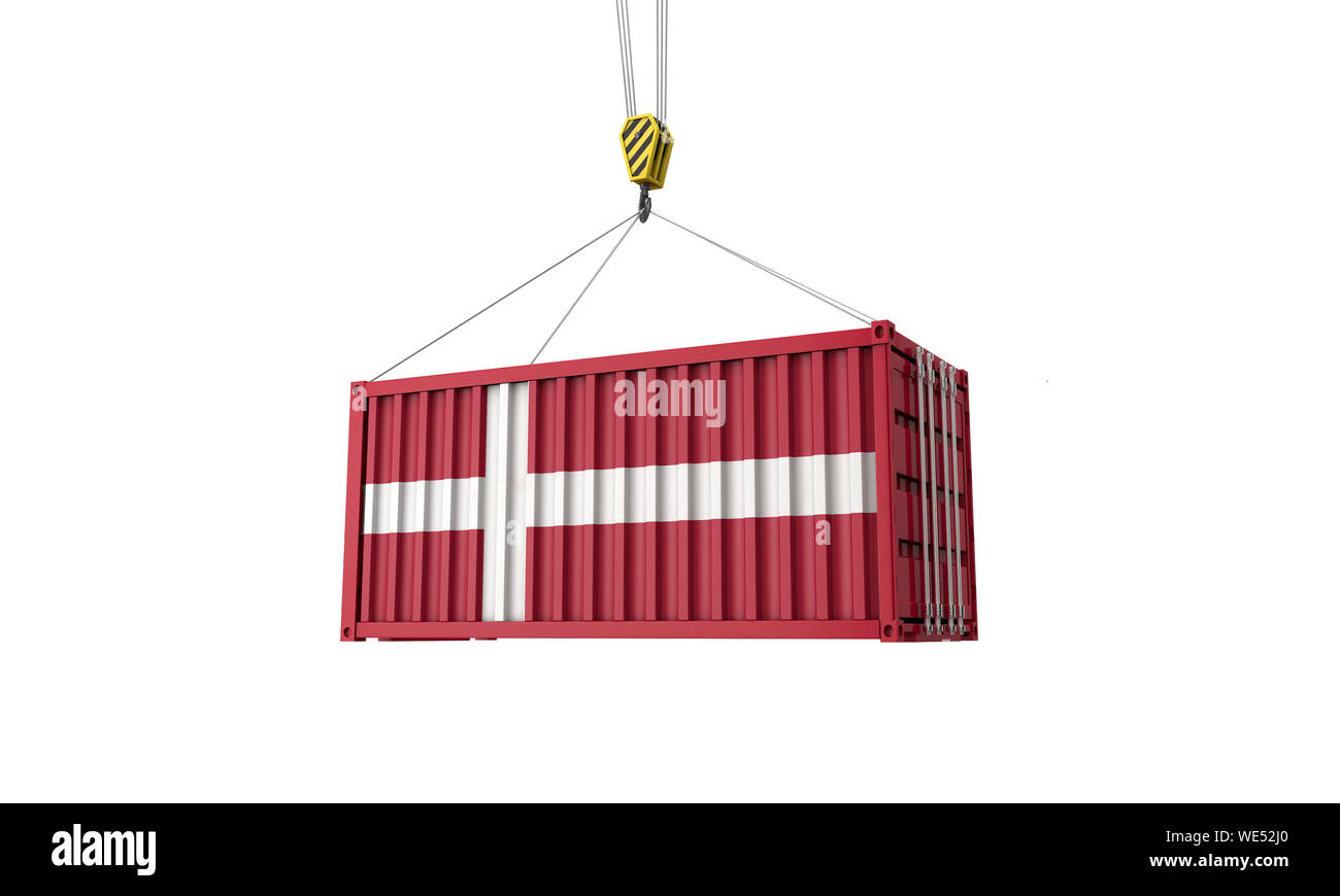 Denmark flag cargo trade container hanging from a crane. 3D Render ...
