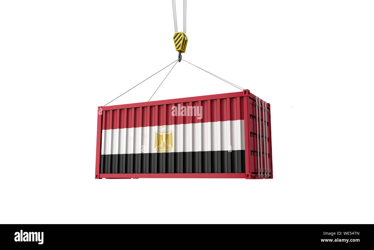 Egypt flag cargo trade container hanging from a crane. 3D Render Stock Photo