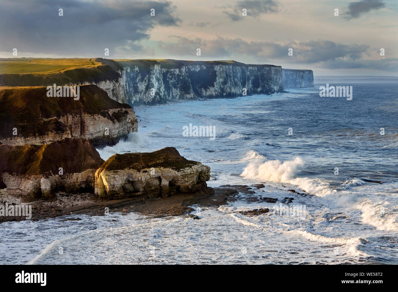 The view of Bempton Cliffs from Thornwick Bay, Flamborough Head, East Yorkshire, UK. Stock Photo